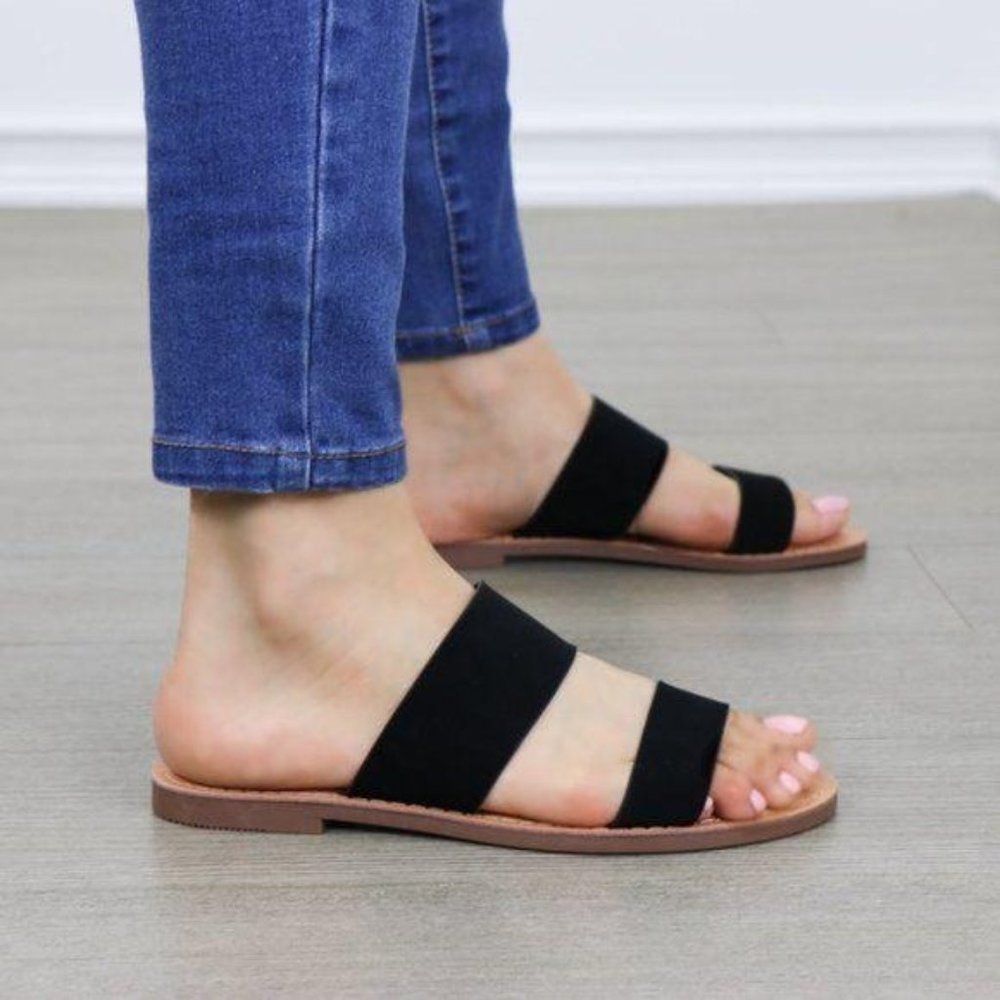 Slip On 2 Strap Flat slider Sandal Black Velvet - Picture 7 of 10